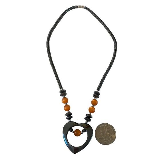Gun Metal Gray Beaded Heart Pendant Necklace W/ Iridescent Orange Accents. - Picture 5 of 5